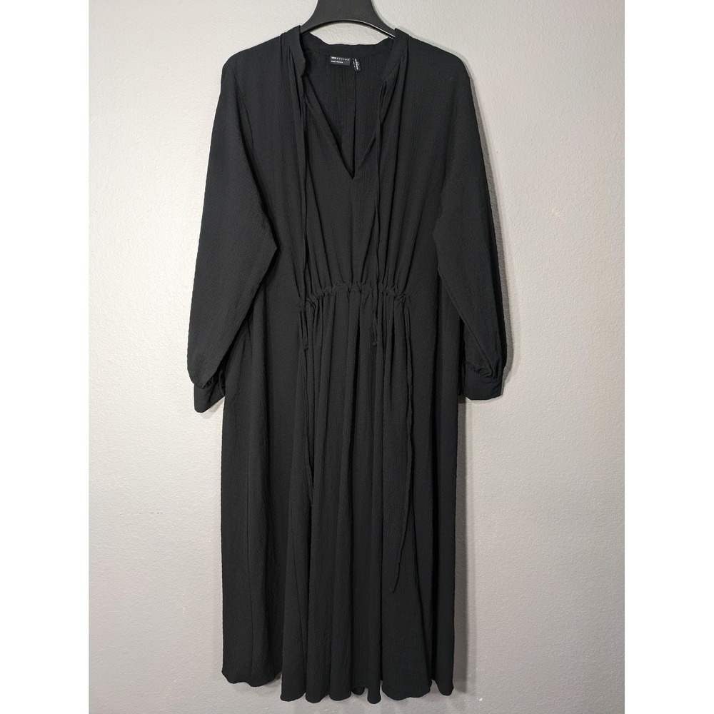ASOS DESIGN Dress Womens 16 Black Ruched Maxi Long Sleeve Curve Boho V Neck